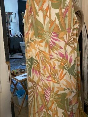 Mlle Gabrielle Cream Maxi Dress with Olive, Orange & Pink Leaf Print